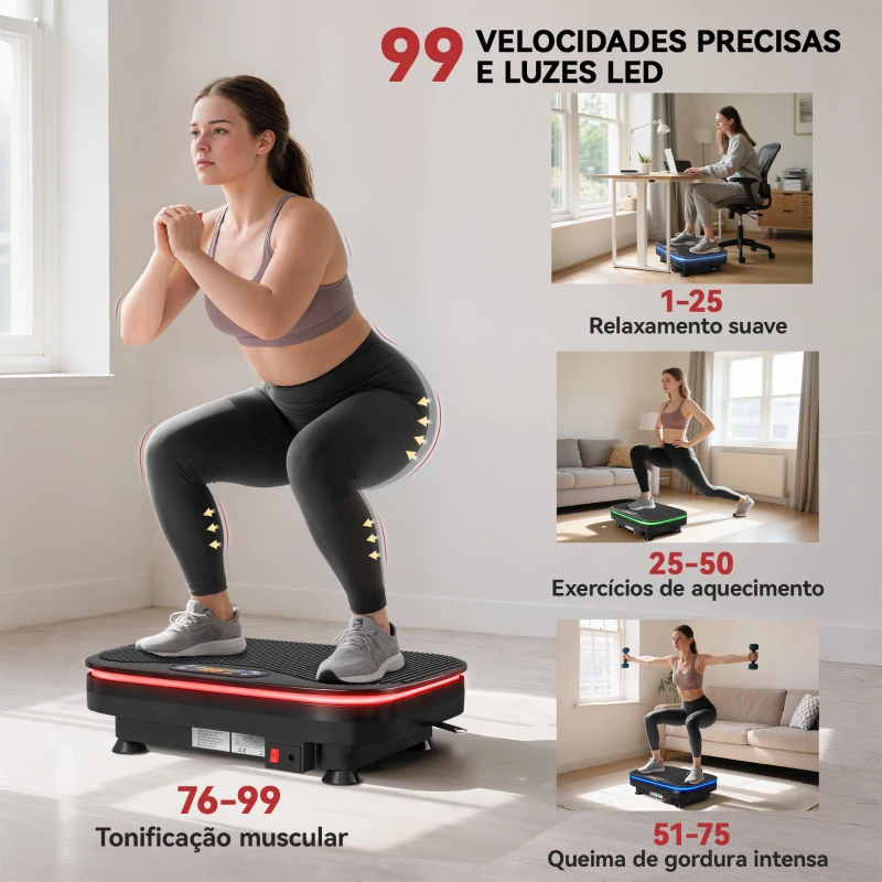 SPORTNOW Plataforma Vibratória 99 Velocidades 3 Programas com Bluetooth Ecrã LED Luzes e Bandas Elásticas 47x32x12 cm Preto