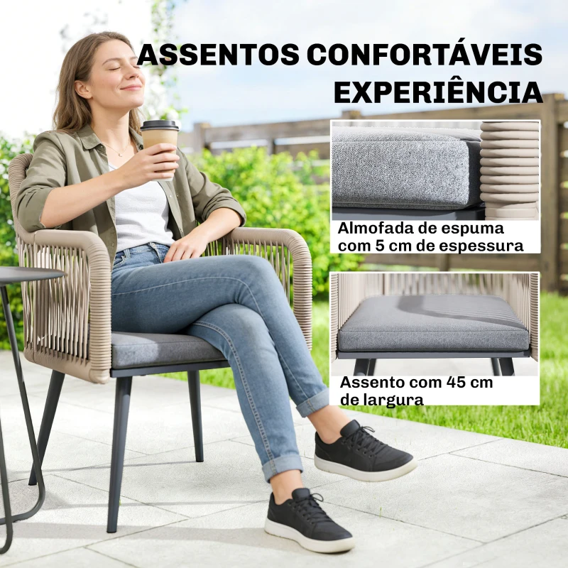 Outsunny Conjunto de 2 Cadeiras de Jardim Exterior em Vime com Almofadas Apoios de Braço e Estrutura de Aço 54x65x80 cm Cinza