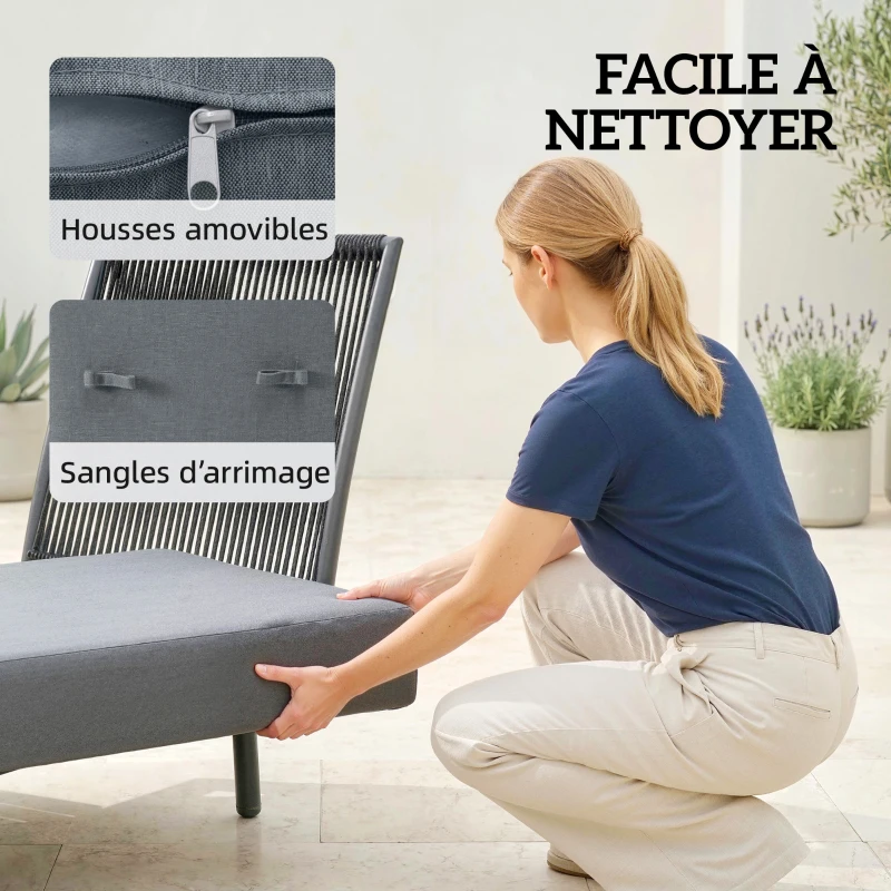 Outsunny Chaise Longue de Jardin avec Coussins Lavables en Oléfine et Étagère Latérale, Cadre en Métal, 58x137x75cm, Gris