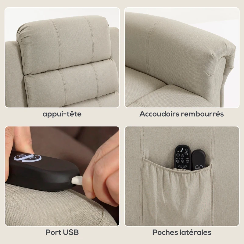 HOMCOM Fauteuil releveur électrique, fauteuil relax électrique avec fonction massage et chauffage, 87 x 87,5 x 108 cm, beige