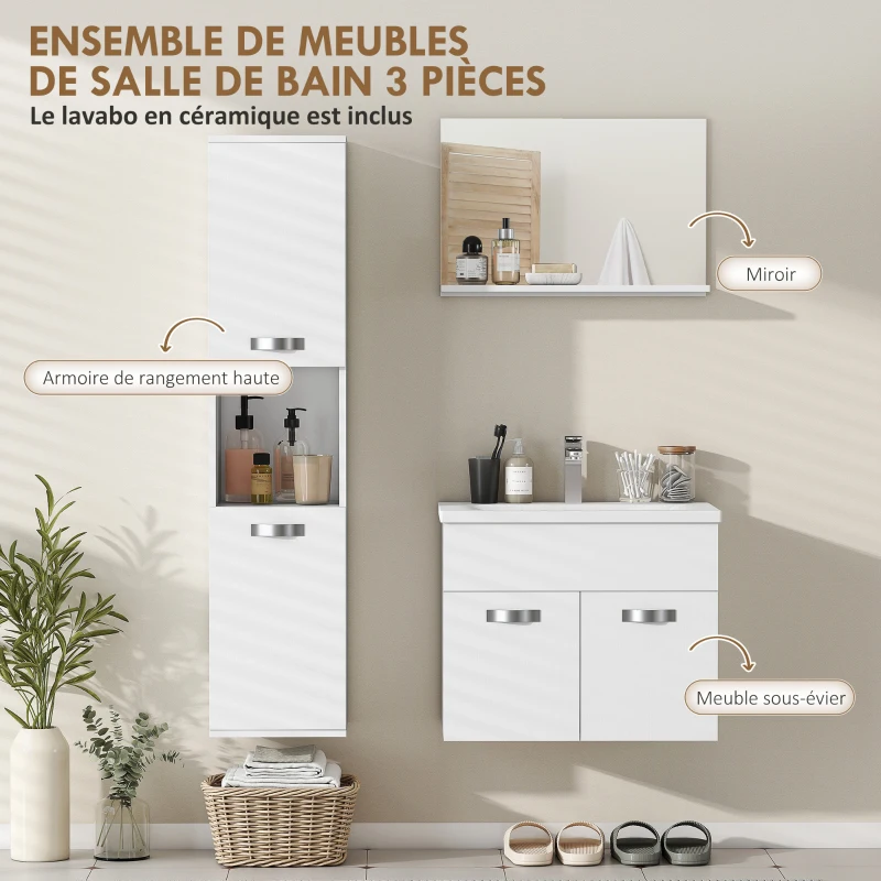 kleankin Ensemble de Meubles de Salle de Bain 4 Pièces, Mural, avec Miroir, Meuble sous Vasque, Lavabo et Armoire Haute, Blanc