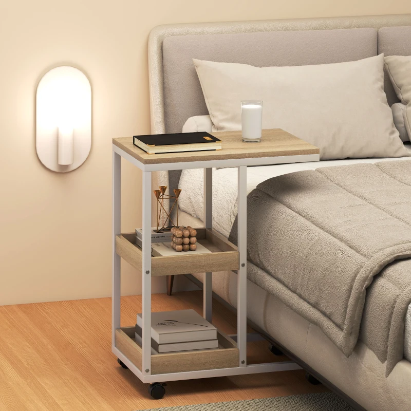 HOMCOM Mesa Auxiliar em Forma de C com Rodas Prateleiras Abertas e Estrutura em Aço para Sala ou Quarto 51x33x66 cm Madeira e Branco
