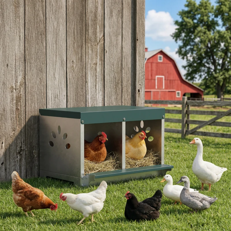 PawHut Ponedero para Gallinas de Acero Galvanizado con 2 Huecos para 2 Gallinas con Techo Impermeable y Ventilación Plateado y Verde