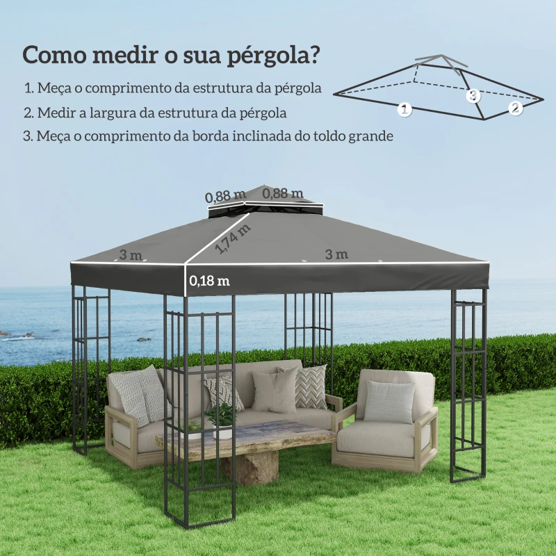 Outsunny Toldo de Substituição para Pérgola 3x3 m Toldo de Substituição com Teto Duplo Proteção UV 30+ Toldo para Pérgola Cinza