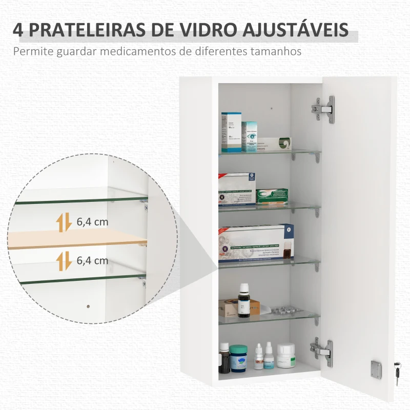 kleankin Armário de Medicamentos de Parede 5 Níveis com Prateleiras de Vidro Ajustáveis Fechadura Chaves 30x20x70 cm Branco