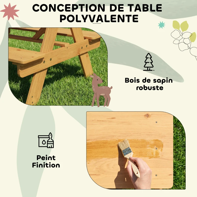 AIYAPLAY Ensemble salon de jardin extérieur enfant, table pique-nique enfant avec bancs, cadre en bois massif, bois naturel