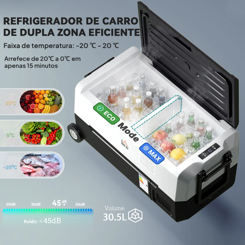 HOMCOM Geleira Elétrica de Compressor Portátil 30,5L para Carro -20℃ a 20℃ com 2 Rodas Alças e Congelador 56,8x33x26,2 cm Preto