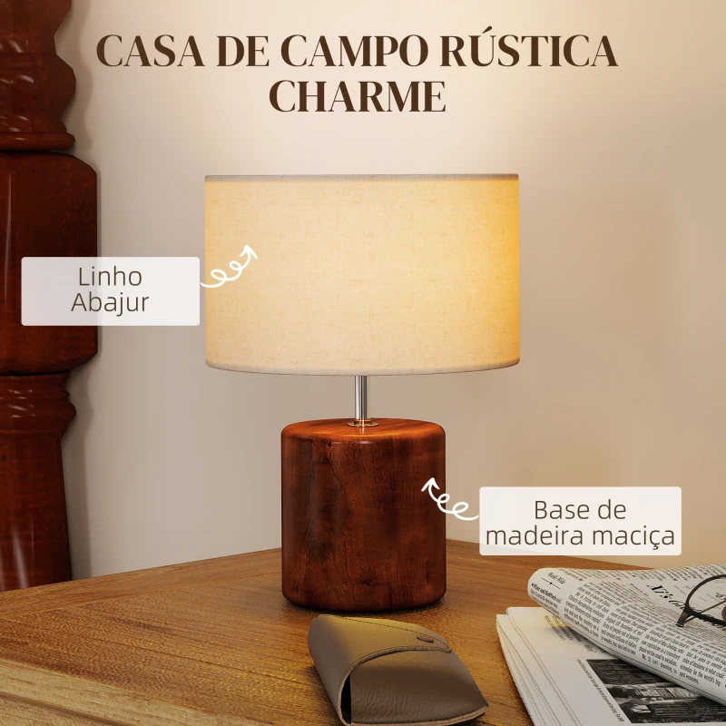 HOMCOM Candeeiro de Mesa Rústico com Base de Madeira Ecrã de Linho Interruptor Basculante E27 40W Ø20x27 cm Madeira e Bege