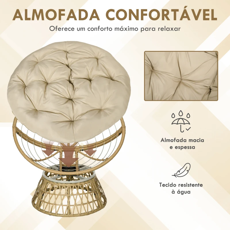 Outsunny Cadeira Papasan Giratória de Vime Sintético com Almofada Suporta 120 kg para Exterior Jardim Terraço 85x70x82 cm Castanho e Cáqui