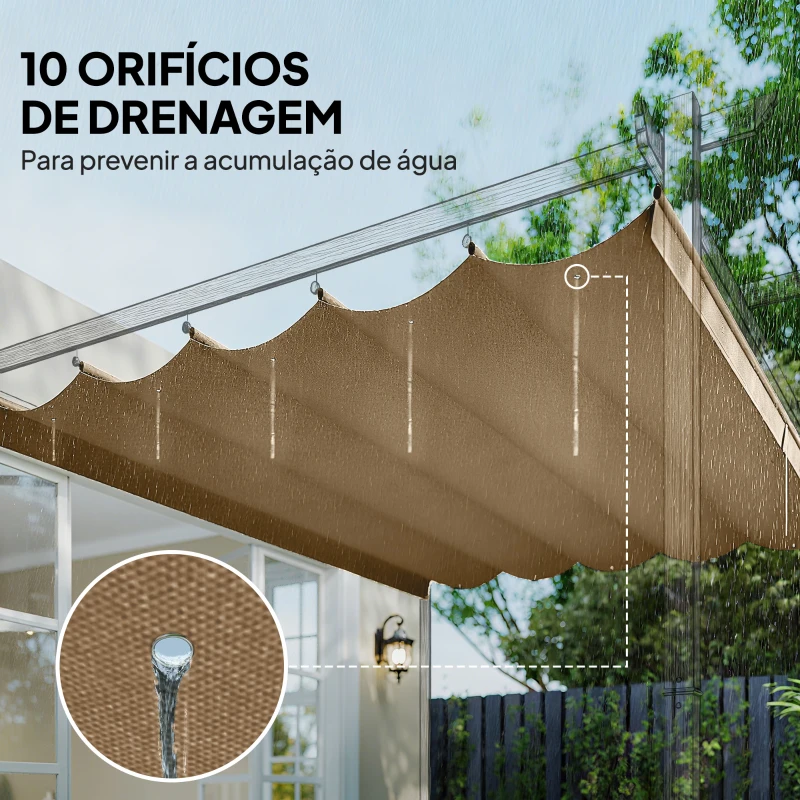 Outsunny Cobertura para Teto Retrátil de 2,5x2,55 m para Pérgola 3x3 Tecido de Substituição com 10 Orifícios de Drenagem Castanho