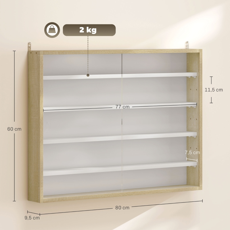 HOMCOM Vitrine de Parede de Madeira com Prateleiras Ajustáveis e 2 Portas Corredeiras de Vidro para Coleções Perfumes 80x9,5x60cm Madeira e Branco