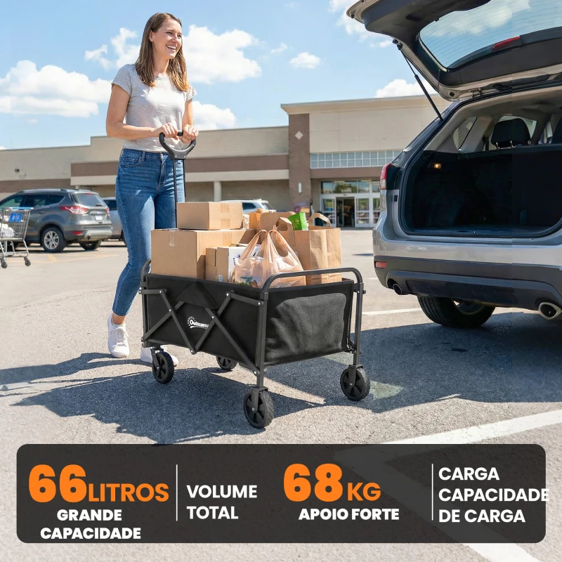 Outsunny Carrinho de Jardim Dobrável com Rodas Cabo Ajustável Carga 68 kg para Camping e Compras 81x45x89 cm Preto
