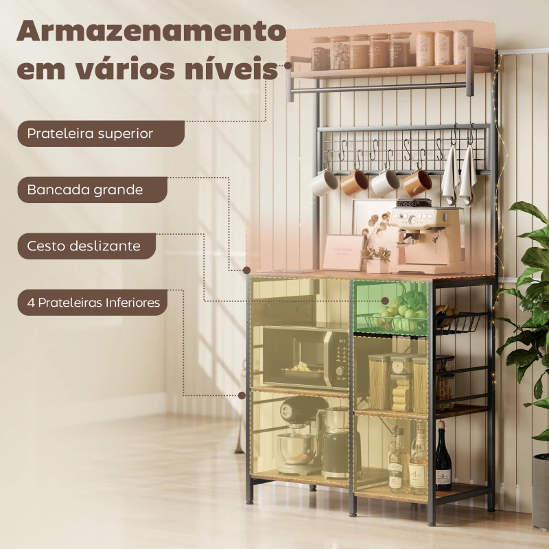 HOMCOM Estante de Cozinha com Três Tomadas e Luzes LED Estilo Industrial com Prateleiras para Micro-ondas 80x42x162 cm Castanho Rústico e Preto