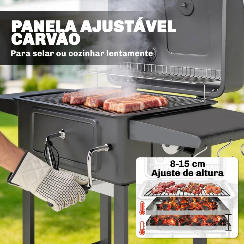 Outsunny Barbecue a Carvão Portátil com Bandeja e Ventilação Ajustável Grelha Grande Prateleiras Laterais Termómetro 112x65x115 cm Preto