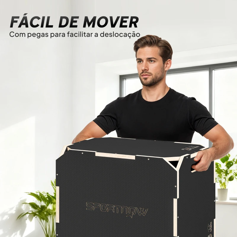 SPORTNOW Caixa Pliométrica de Madeira com 3 Alturas Diferentes para Treino de Salto Força em Casa Ginásio e Exterior 61x51x40,5 cm Preto