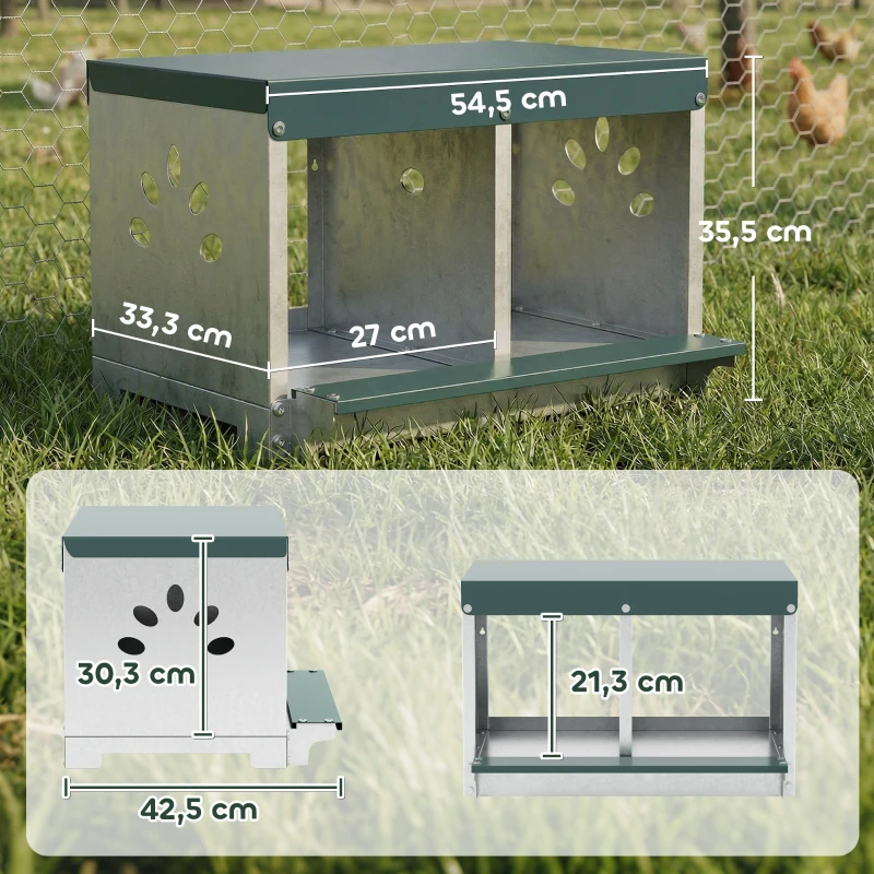 PawHut Ponedero para Gallinas de Acero Galvanizado con 2 Huecos para 2 Gallinas con Techo Impermeable y Ventilación Plateado y Verde