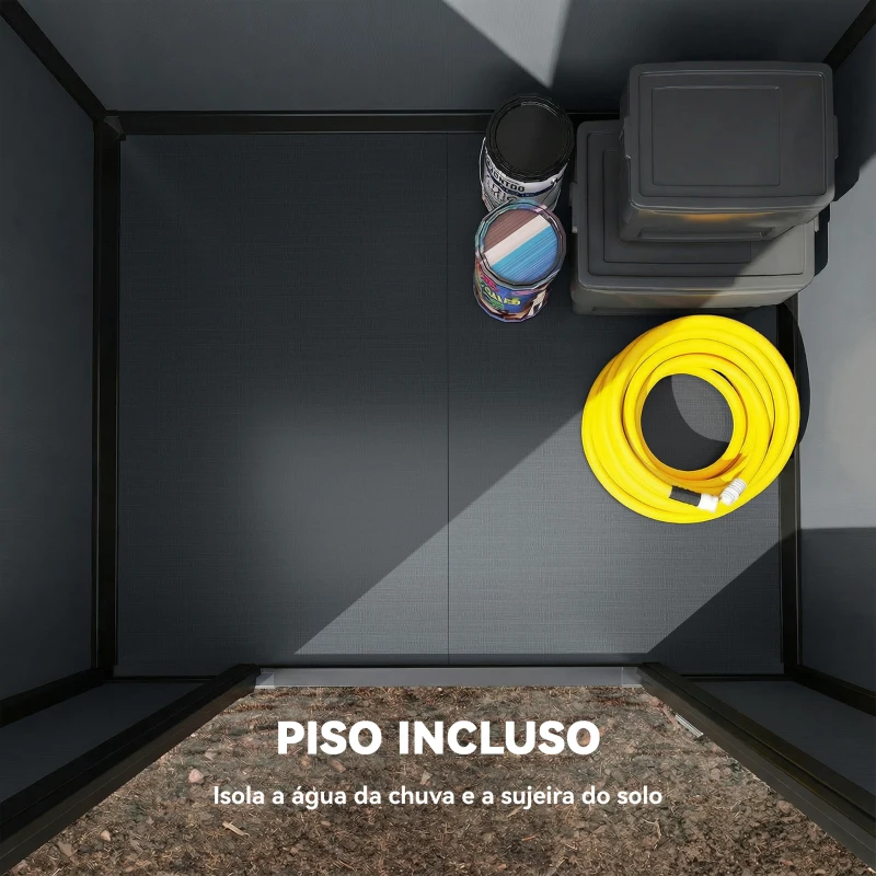 Outsunny Abrigo de Jardim 1,09 m² 128x104x196 cm com Base Porta com Fechadura Janela e Ventilação, Cinzento Escuro