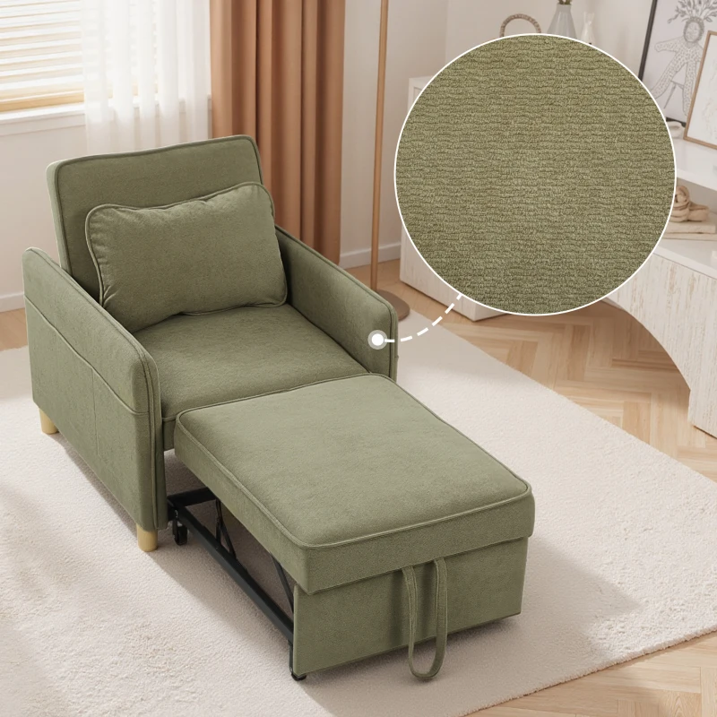 HOMCOM Poltrona Cama Individual 3 em 1 Sofá Cama Dobrável com Encosto Ajustável e Almofada para Sala 74x85,5x82 cm Verde Escuro