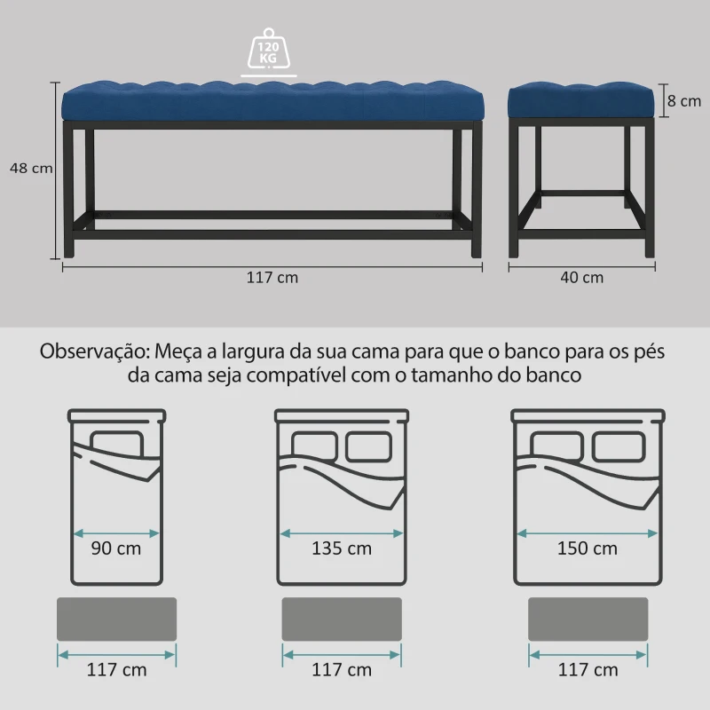 HOMCOM Banco ao Pé da Cama Estofado em Veludo Design Capitoné Base de Metal Banco para Quarto Entrada Sala 117x40x48 cm Azul Escuro