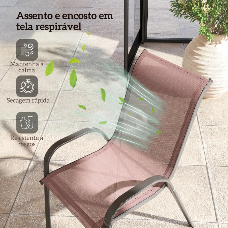 Outsunny Conjunto de 4 Cadeiras de Exterior Empilháveis com Assento em Rede Encosto Alto e Estrutura em Aço para Jardim Castanho Escuro e Preto