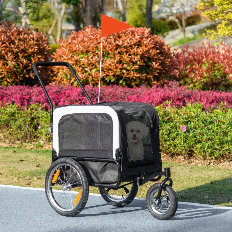 PawHut Remorque vélo jogger 2 en 1 pour animaux de compagnie drapeau roue avant pivotante réflecteurs noir
