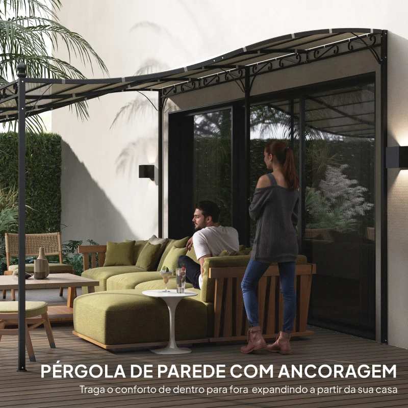 Outsunny Pérgola de Parede 3x6 m com Telhado Inclinado Orifícios de Drenagem e Estrutura Metálica Creme
