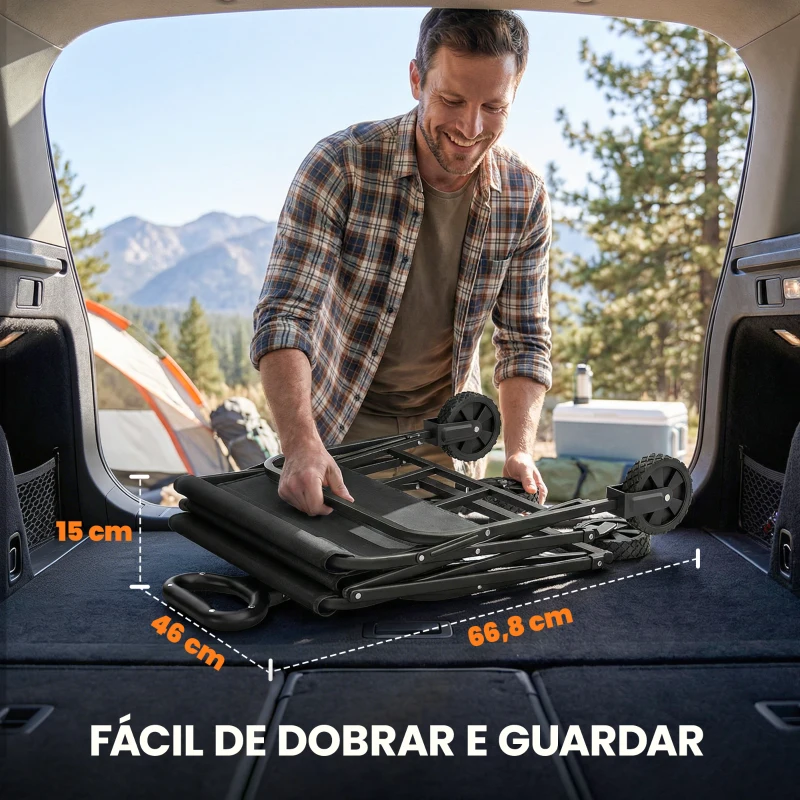 Outsunny Carrinho de Jardim Dobrável com Rodas Cabo Ajustável Carga 68 kg para Camping e Compras 81x45x89 cm Preto