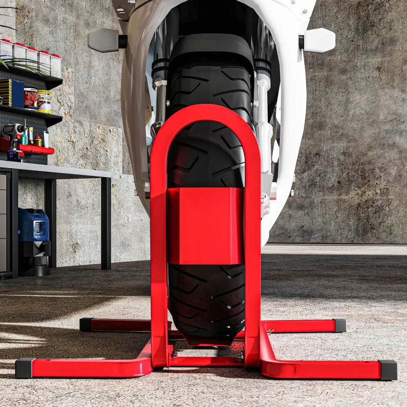 HOMCOM Suporte para Roda Dianteira de Moto Ajustável em 3 Níveis Carga 250 kg 60x55x43 cm Vermelho