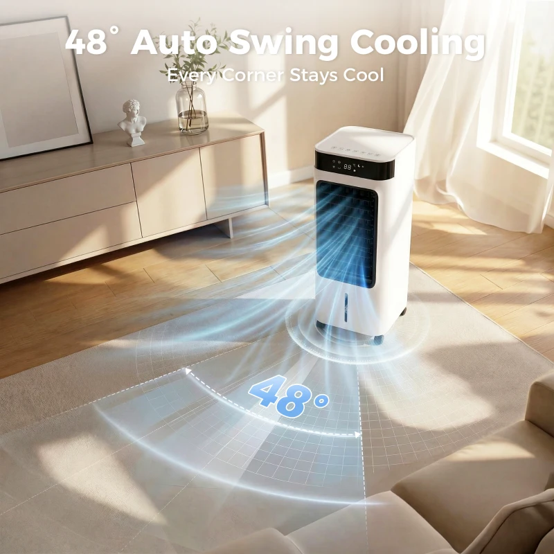 HOMCOM Mobiele luchtkoeler, 3-in-1 verdampingskoeler met 7-liter watertank, 48° zwenkfunctie, wit