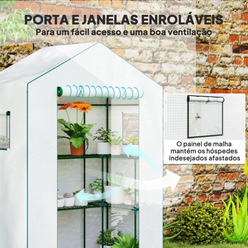 Outsunny Estufa de Jardim com 1 Porta 2 Janelas e Prateleiras de 2 Níveis em Forma de U para Cultivo de Plantas 140x73x190 cm Branco