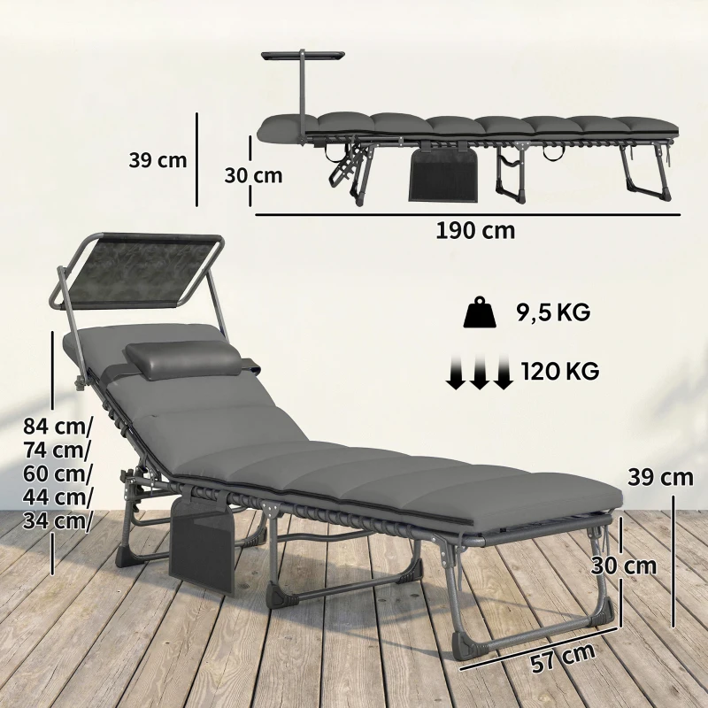 Outsunny Tumbona 5 Posiciones Reclinables, con Toldo, Cojín, Reposacabezas y Bolsillo Lateral, 190x57x30cm, Gris Oscuro