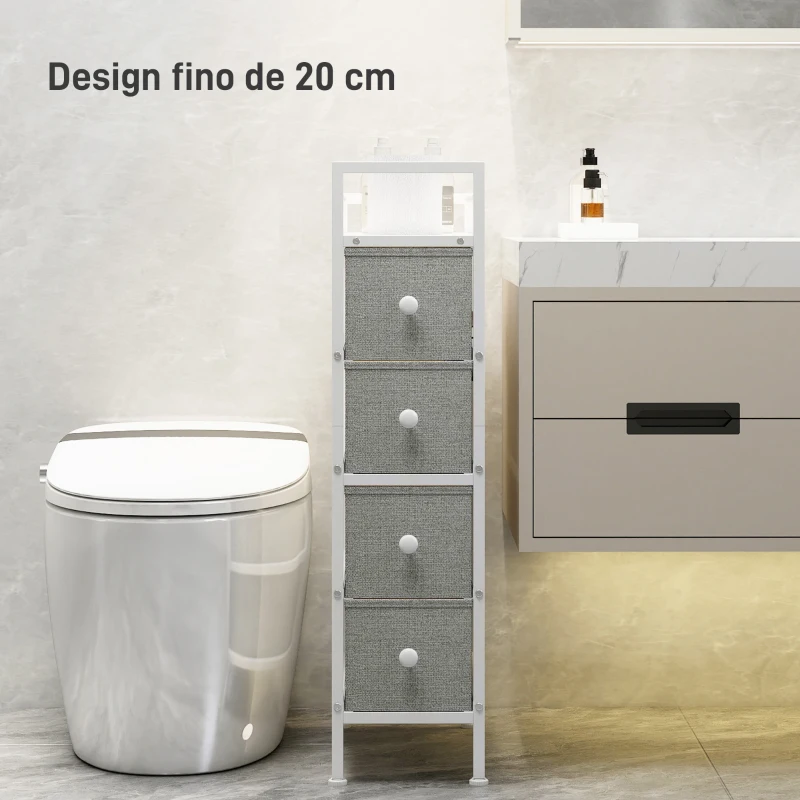 HOMCOM Móvel de Arrumação Estreito com 4 Gavetas de Tecido para Espaços Pequenos 20x43x81,5 cm Cinzento Claro