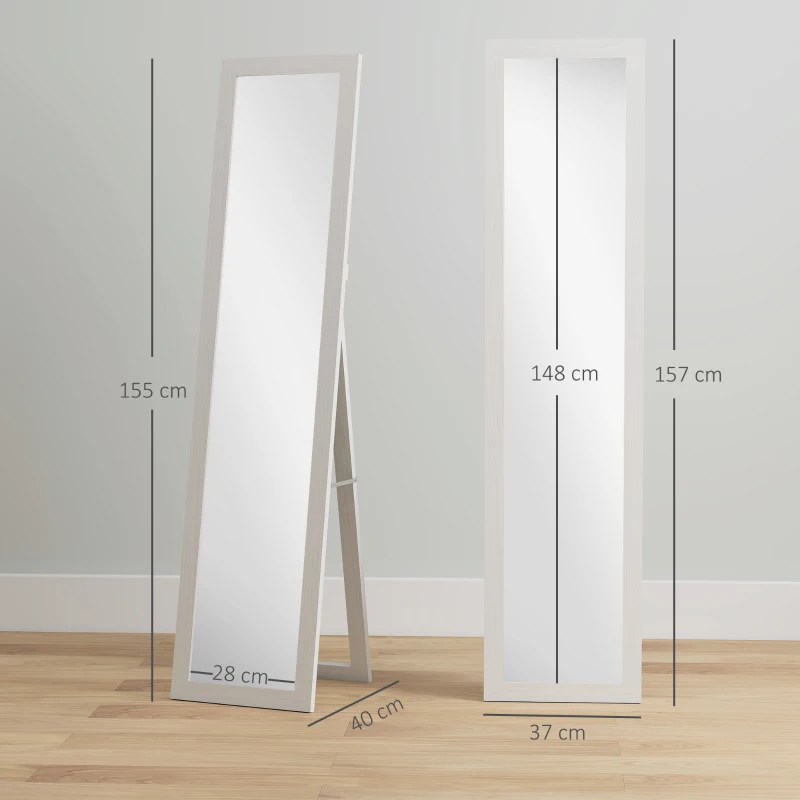 HOMCOM Espelho de Pé 37x155 cm Espelho de Corpo Inteiro Espelho de Parede Retangular com Estrutura de Madeira Branco com Veios