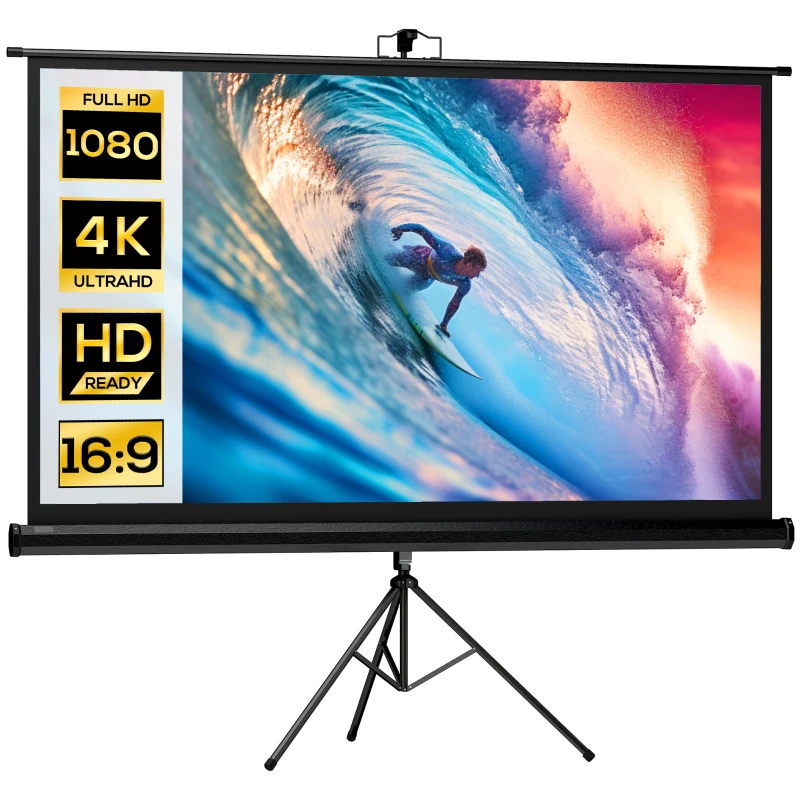 HOMCOM Tela de Projeção Manual com Suporte 84 Polegadas Portátil Formato 16:9 com Altura Ajustável 200x8x118 cm Branco e Preto