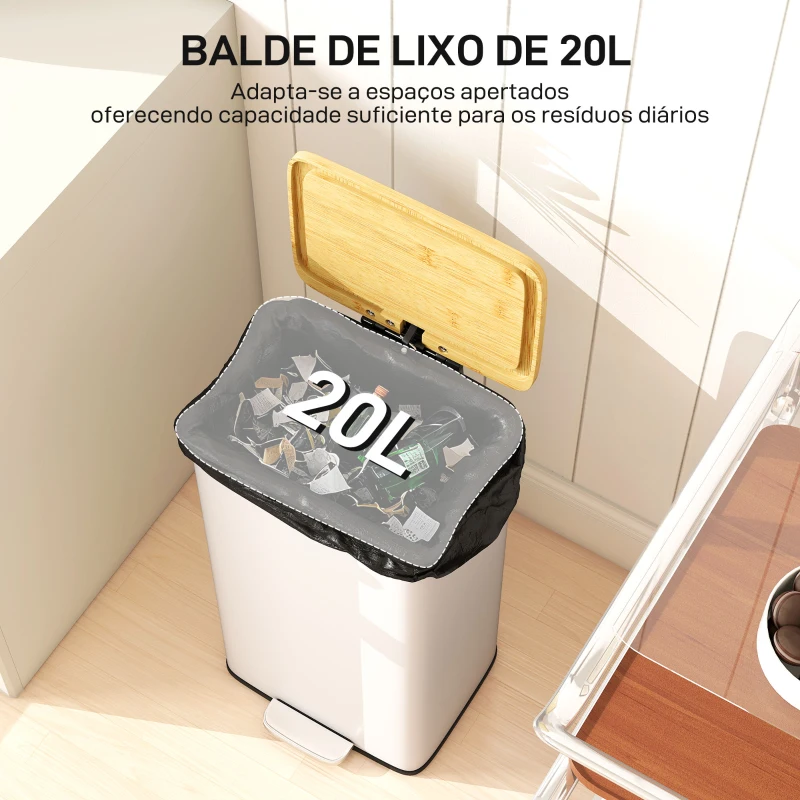 HOMCOM Balde de Lixo de Cozinha com Pedal 20L Tampa de Bambu com Fecho Suave 29,5x29,5x56,8 cm Branco e Madeira