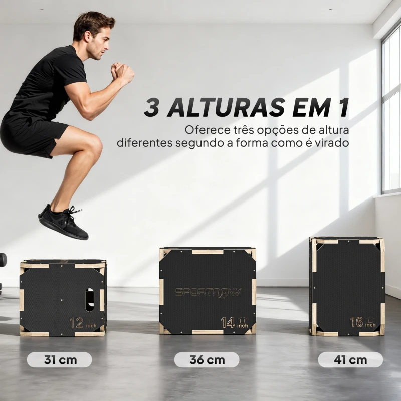 SPORTNOW Caixa Pliométrica de Madeira 3 em 1 com 3 Alturas Diferentes Pegas Sem Cantos Treino de Saltos 41x36x31 cm Preto
