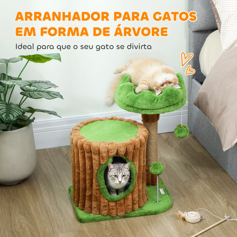 PawHut Arranhador para Gatos 53 cm Design de Tronco com Cama Caverna Poste de Juta Bolas Penduradas 40x30x53 cm Castanho e Verde