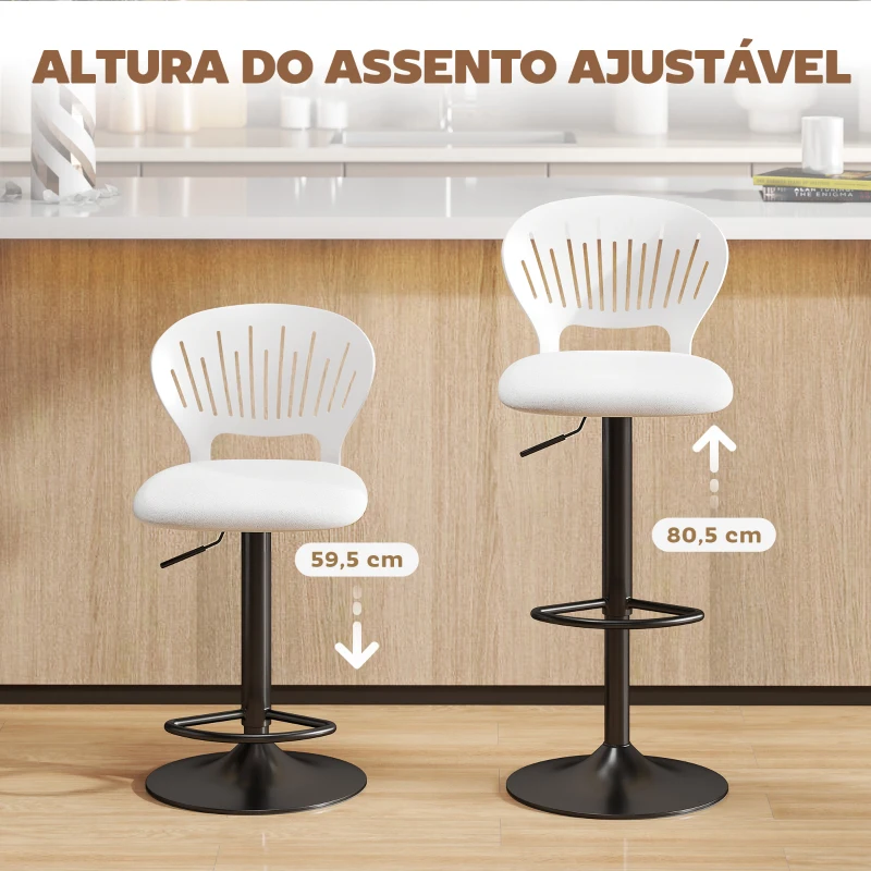 HOMCOM Conjunto de 2 Bancos Altos de Cozinha Giratórios a 360° Reguláveis em Altura de 84-105 cm 40,5x43x84-105 cm Branco