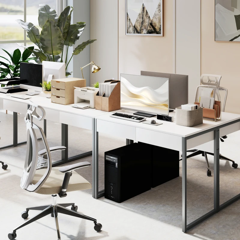 HOMCOM Secretária com 2 Gavetas 100x50 cm Mesa de Computador Pernas de Aço para Casa Escritório Espaços Pequenos Branco Brilhante