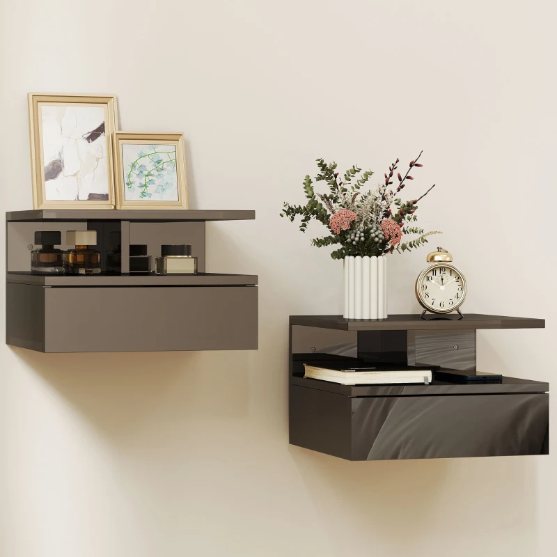 HOMCOM Conjunto de 2 Mesas de Cabeceira Flutuantes com Gaveta e Prateleira Aberta para Sala de Estar, 35x32x22,5 cm Preto Brilhante