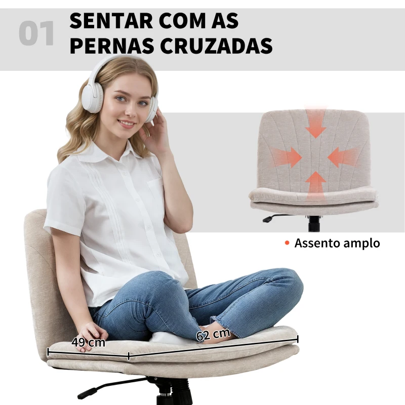 HOMCOM Cadeira de Escritório com Assento Largo sem Apoios de Braço Rodas Altura Ajustável Giratória Função Basculante 62x67x83-93 cm Bege