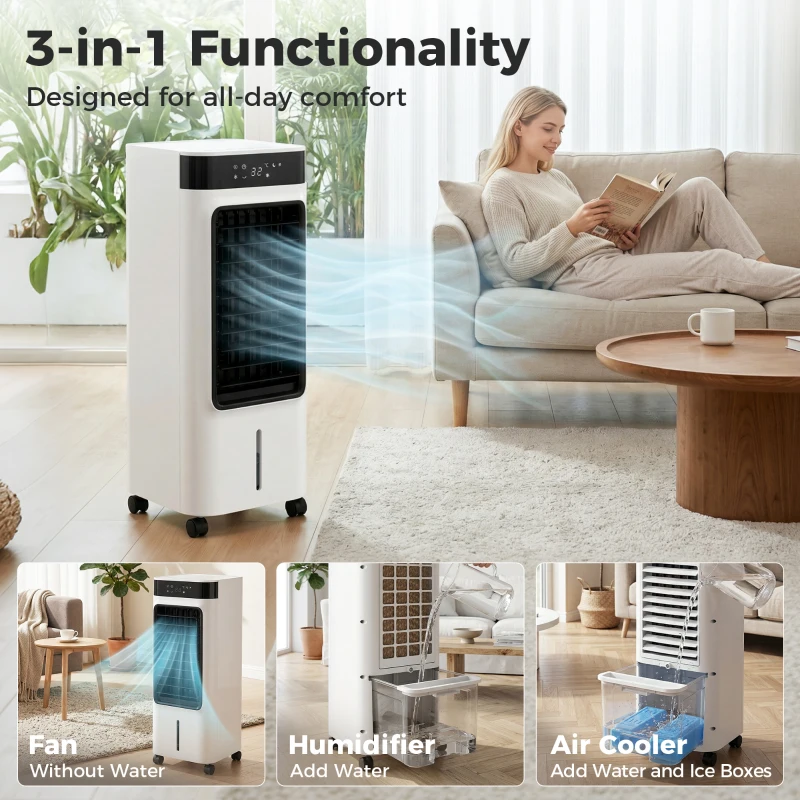 HOMCOM Mobiele luchtkoeler, 3-in-1 verdampingskoeler met 7-liter watertank, 48° zwenkfunctie, wit