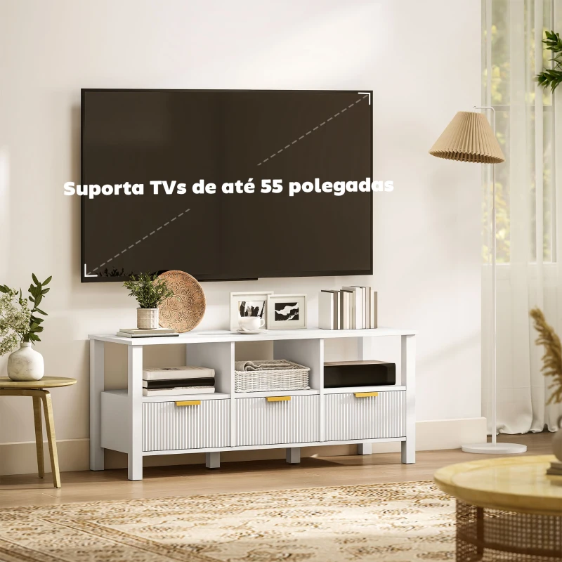 HOMCOM Móvel de TV Moderno com 3 Gavetas e 3 Prateleiras Abertas para Televisores de 43-55 Polegadas 120x39,5x50 cm Branco