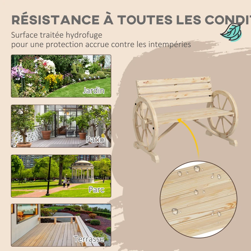 Outsunny Banc de Jardin banc 3 places en bois Style Rustique Chic accoudoirs Roues Charette Bois Sapin effet bois naturel