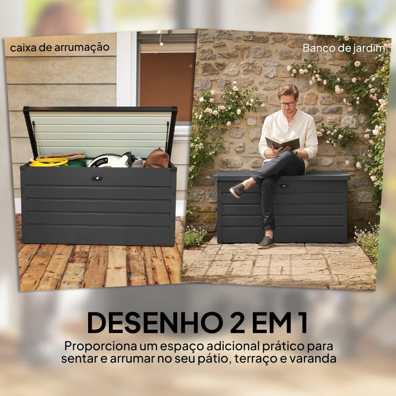 Outsunny Baú de Arrumação Exterior Capacidade 311L  de Aço com Fechadura Chave Pistões Pneumáticos 120x62x62 cm Cinza Escuro