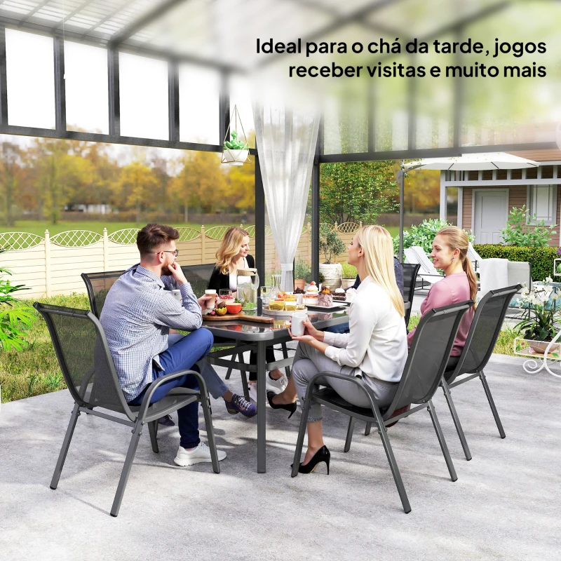 Outsunny Conjunto de Mesa e 6 Cadeiras para Terraço com Orifício para  Chapéu de Sol e Tampo em Vidro para Terraço ou Pátio Cinzento