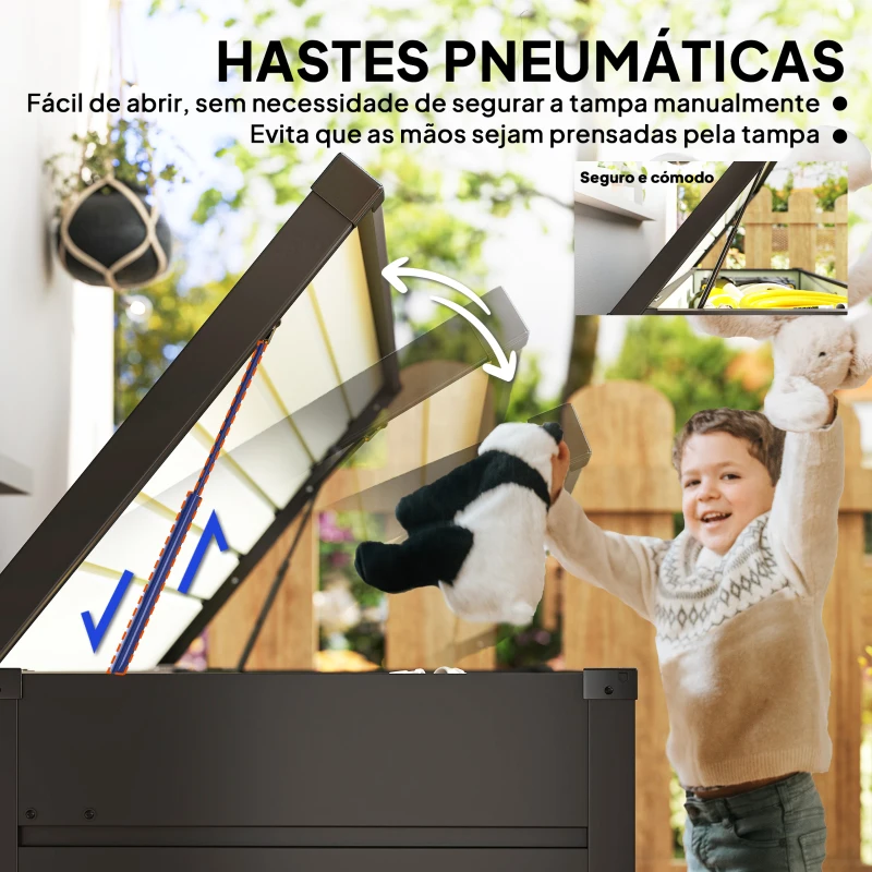 Outsunny Baú de Arrumação Exterior Capacidade 311L  de Aço com Fechadura Chave Pistões Pneumáticos 120x62x62 cm Cinza Escuro