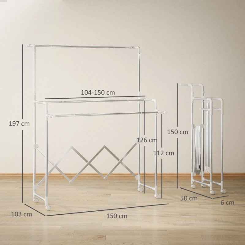 HOMCOM Estendal Vertical Dobrável de 3 Níveis Estendal de Aço Inoxidável com 3 Barras Ajustáveis e Extensíveis 4 Rodas 104-150x103x145-197 cm Prateado