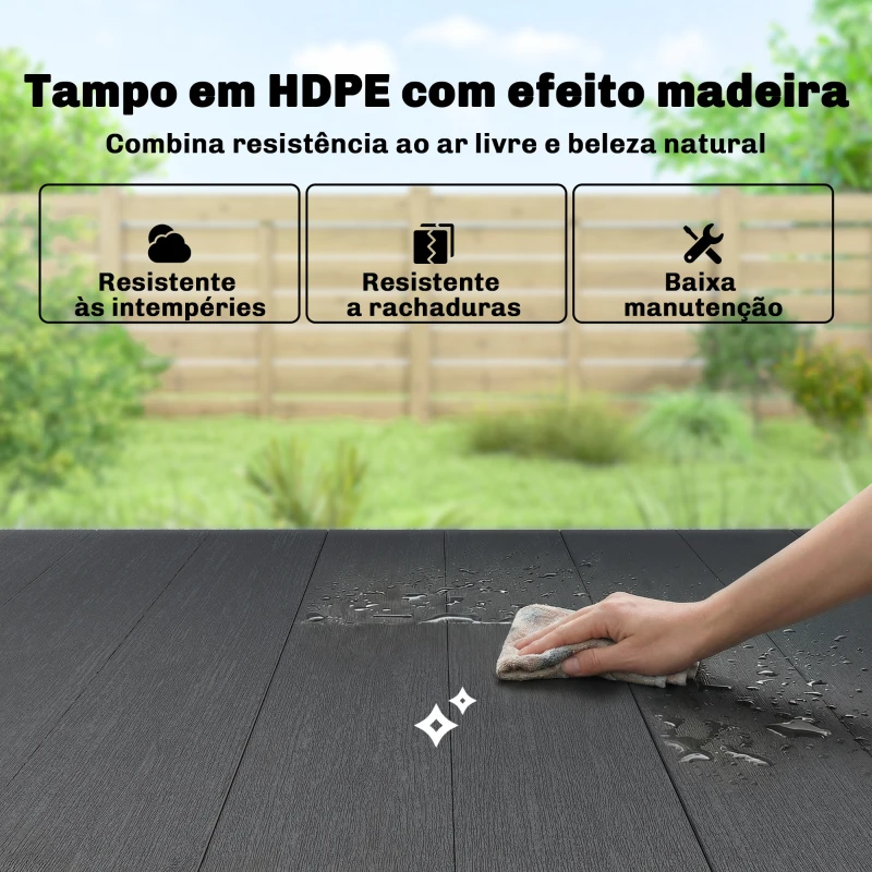 Outsunny Mesa de Jantar Retangular para Jardim para 6 Pessoas com Tampo de HDPE Efeito Ripas e Estrutura Metálica 150x90x74 cm, Preto