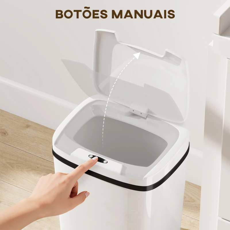 HOMCOM Balde de Lixo Automático 15L com Sensor Infravermelhos e Modo Manual Anel de Retenção Antimarcas 27,6x21,4x33,5 cm Branco